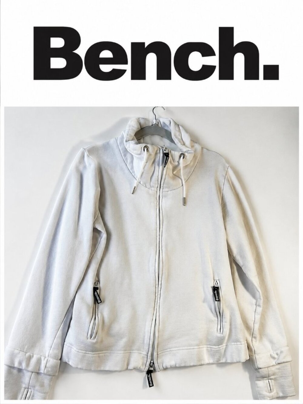 Bench Womenâs White Full-Zip Funnel Neck Sweatshirt Jacket â Size XL